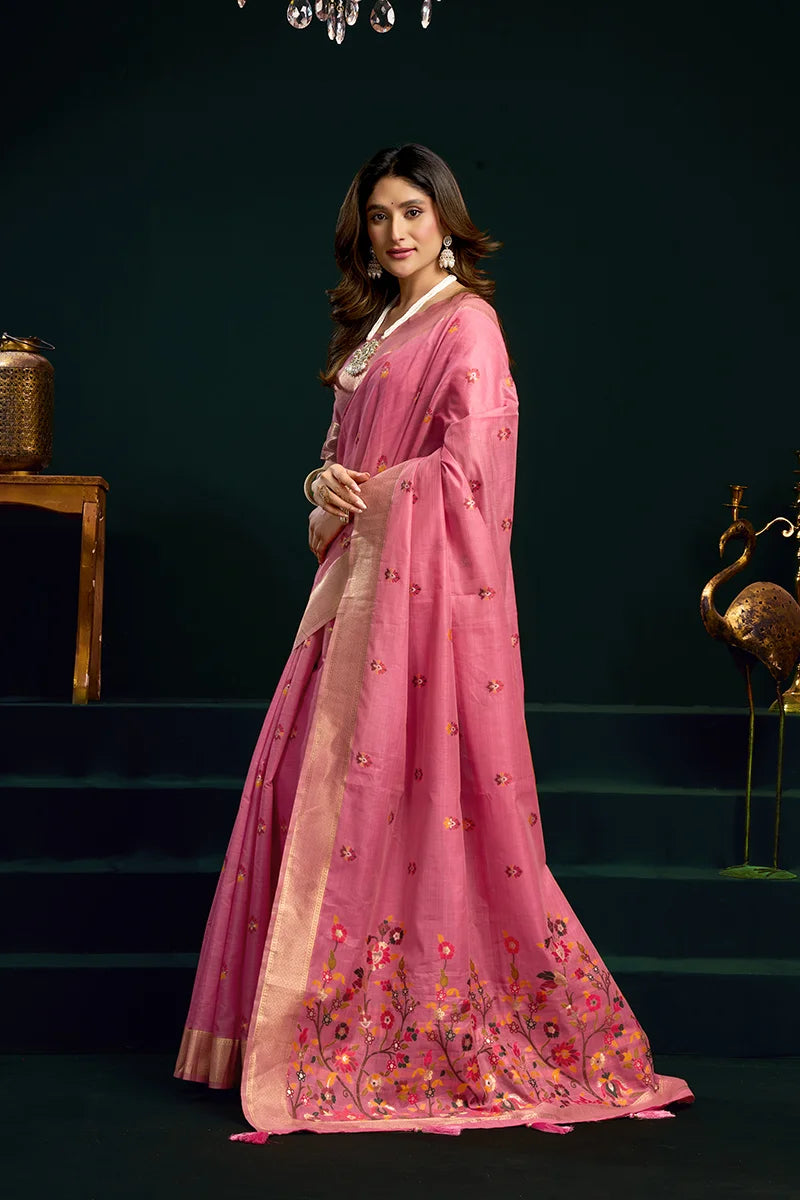Pink Cotton Blend Saree with Floral Meenakari Pallu, side