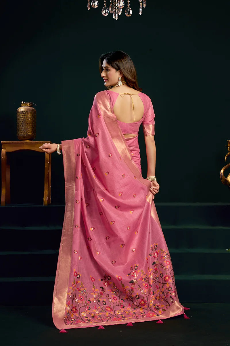 Pink Cotton Blend Saree with Floral Meenakari Pallu, back