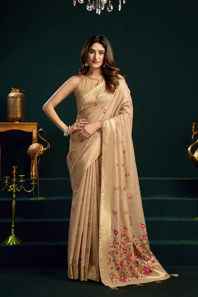 Beige Cotton Blend Saree with Floral Meenakari Pallu, front