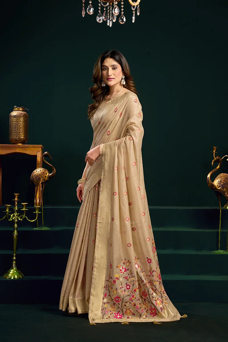 Beige Cotton Blend Saree with Floral Meenakari Pallu, side