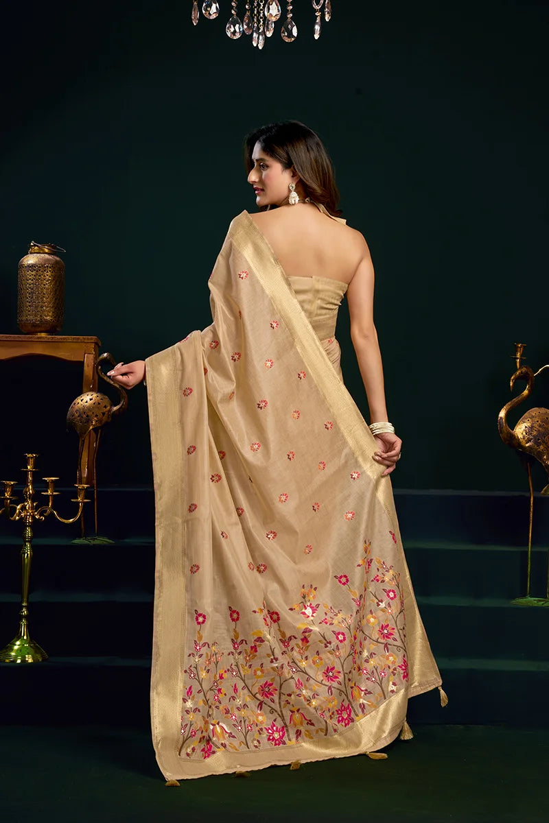 Beige Cotton Blend Saree with Floral Meenakari Pallu, back