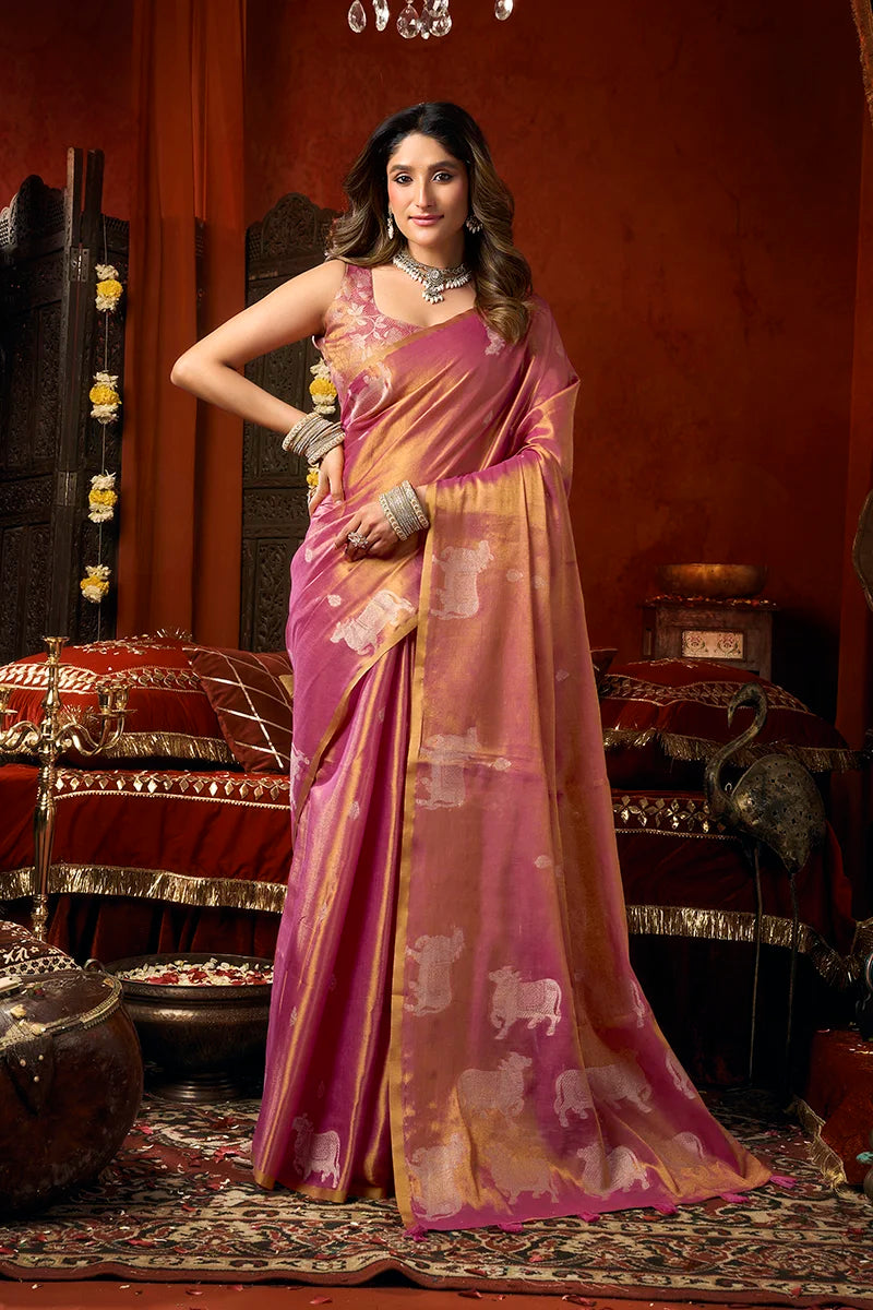 Pink Tissue Saree with Cow Motif Pallu, front