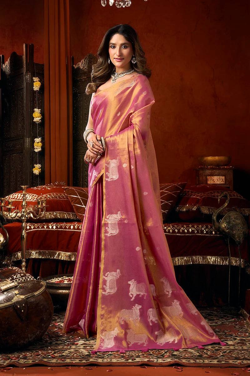 Pink Tissue Saree with Cow Motif Pallu, side