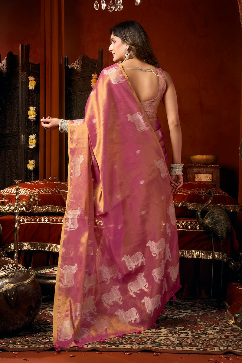 Pink Tissue Saree with Cow Motif Pallu, back