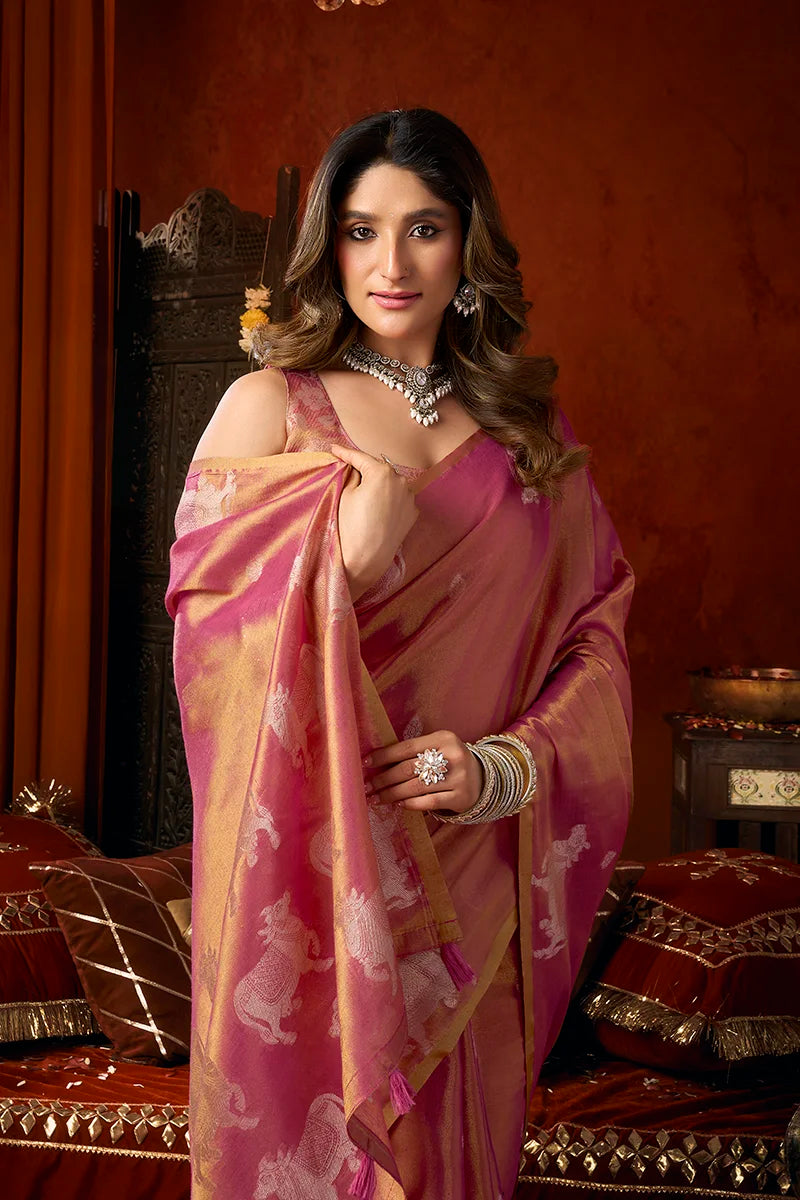 Pink Tissue Saree with Cow Motif Pallu, blouse and pallu close-up