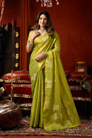 Lime Tissue Saree with Cow Motif Pallu