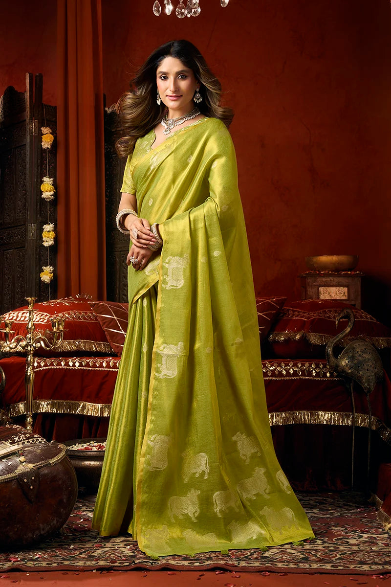 Lime Tissue Saree with Cow Motif Pallu, side