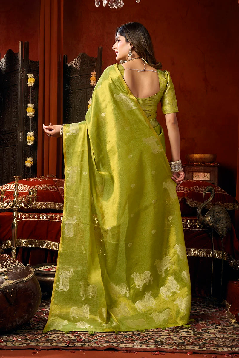 Lime Tissue Saree with Cow Motif Pallu, back