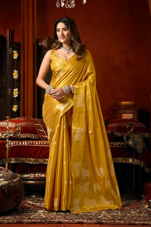 Mustard Tissue Saree with Cow Motif Pallu