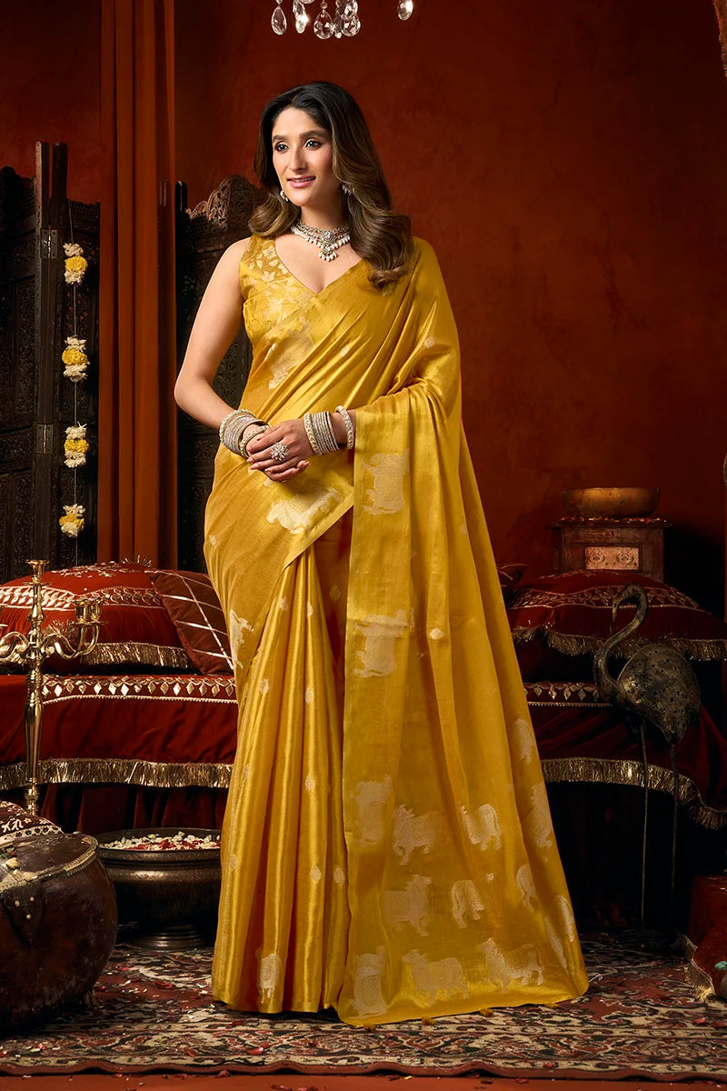 Mustard Tissue Saree with Cow Motif Pallu, front