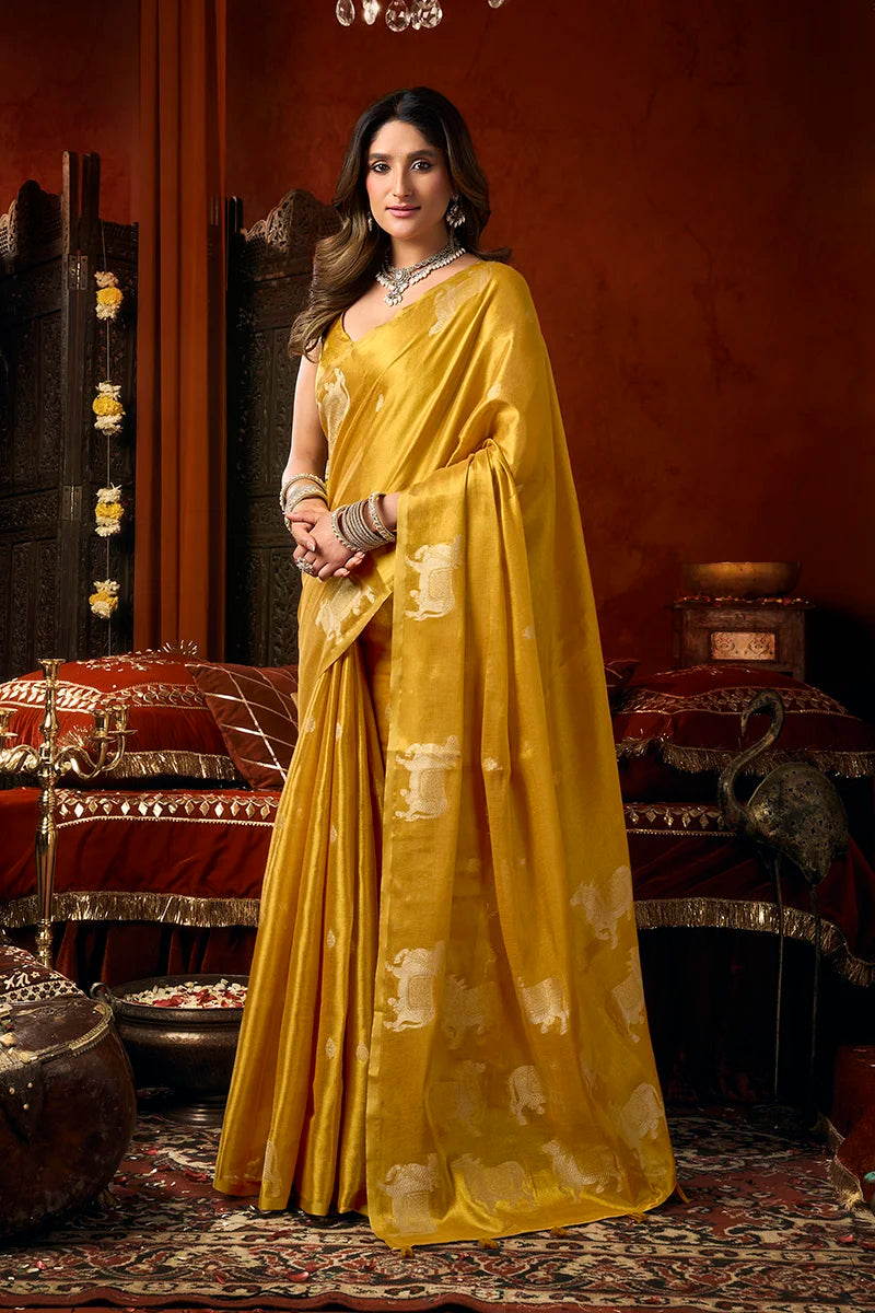 Mustard Tissue Saree with Cow Motif Pallu, side