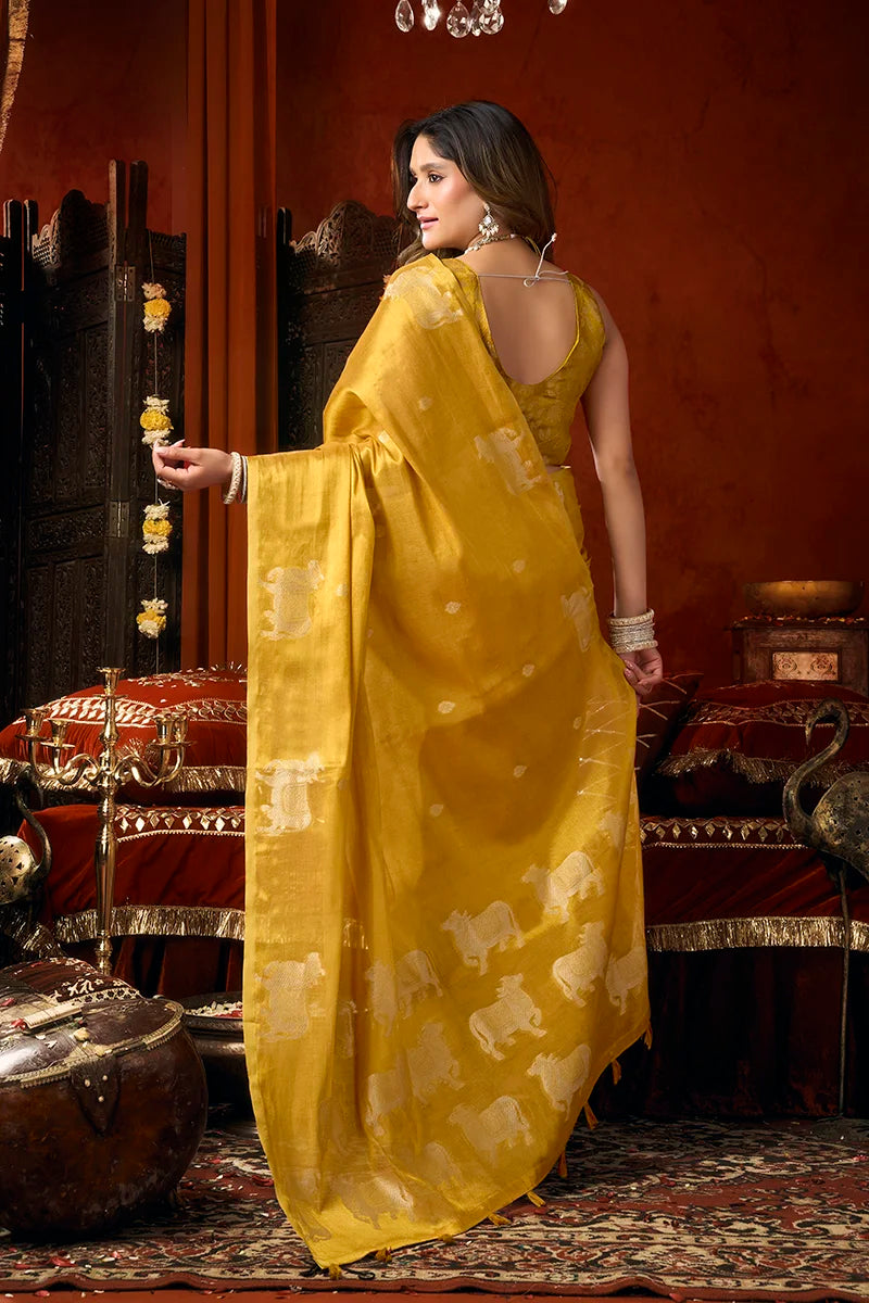 Mustard Tissue Saree with Cow Motif Pallu, back