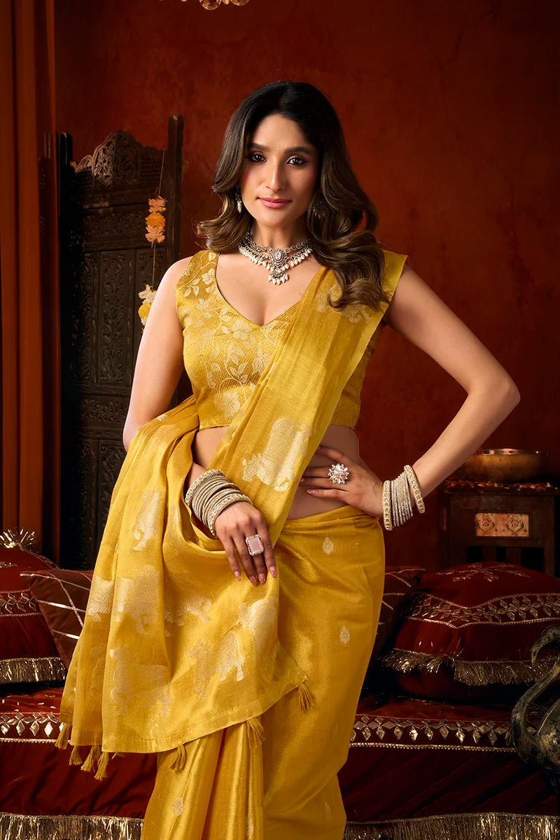 Mustard Tissue Saree with Cow Motif Pallu, blouse and pallu close-up