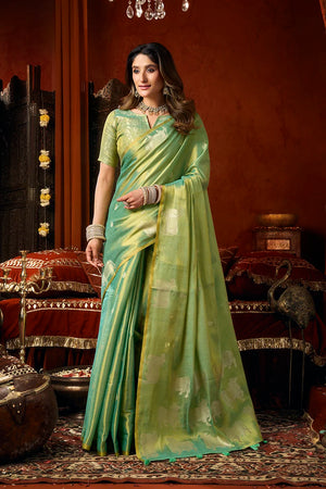 Sea Green Tissue Saree with Cow Motif Pallu