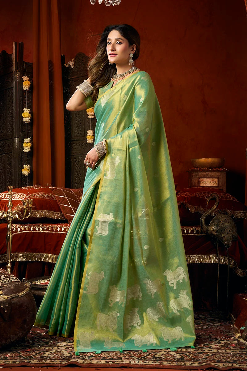 Sea Green Tissue Saree with Cow Motif Pallu, side