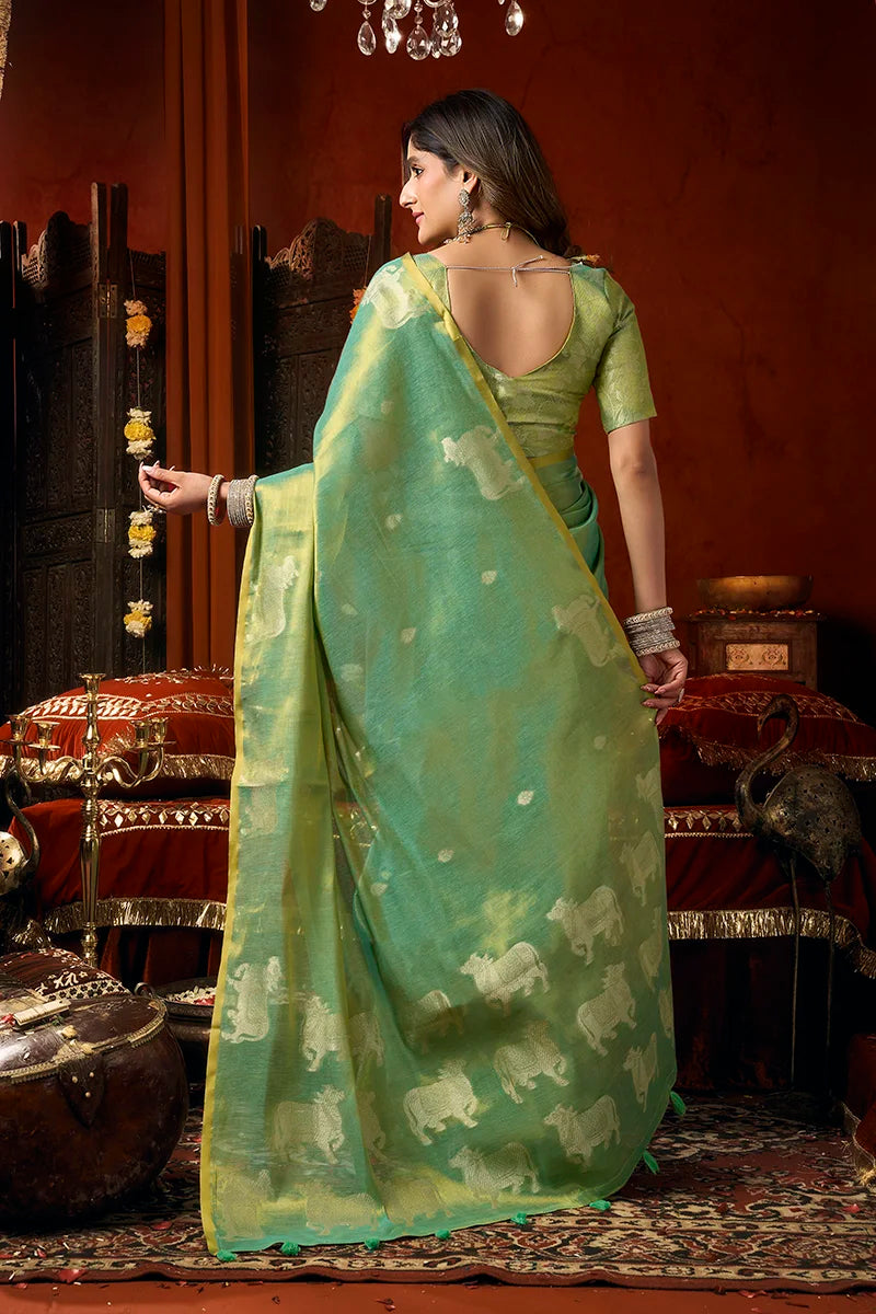 Sea Green Tissue Saree with Cow Motif Pallu, back