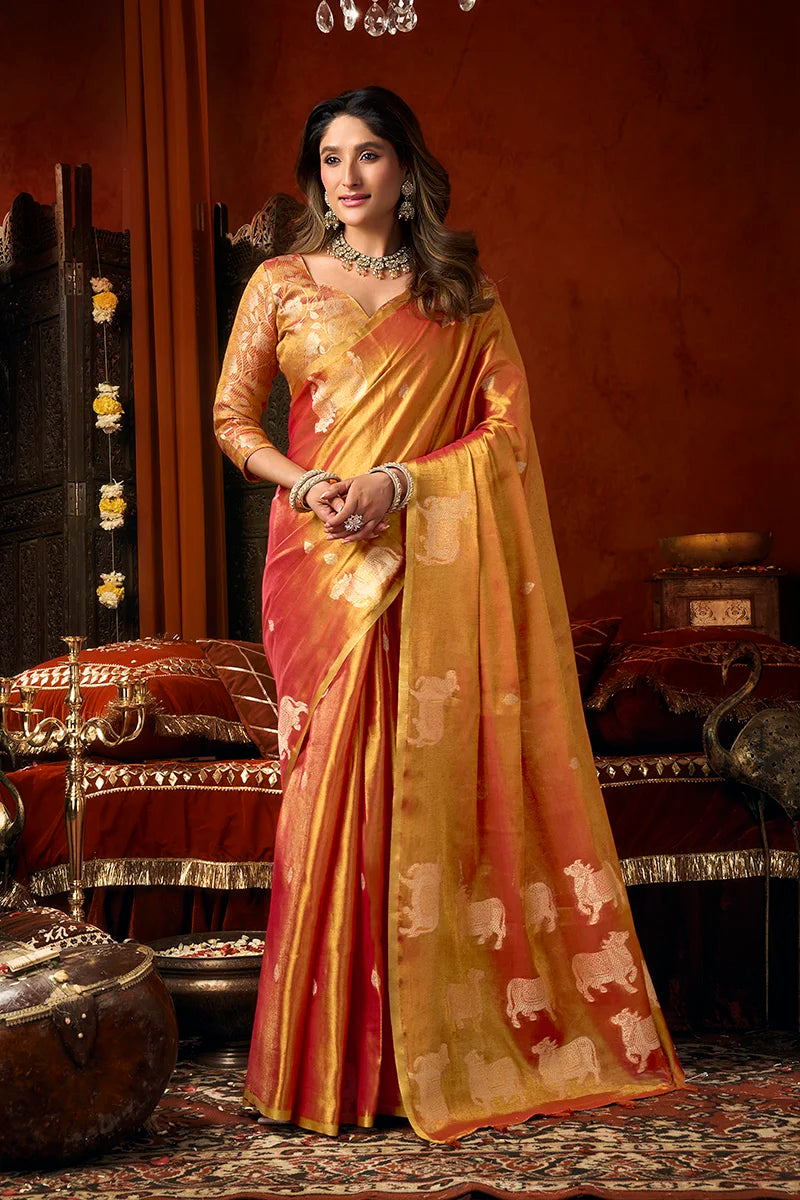 Orange Tissue Saree with Cow Motif Pallu, front