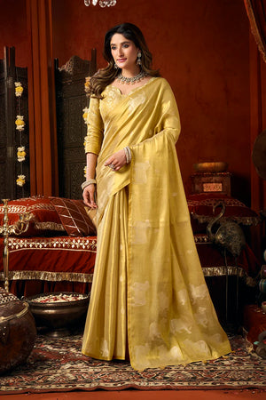 Yellow Tissue Saree with Cow Motif Pallu