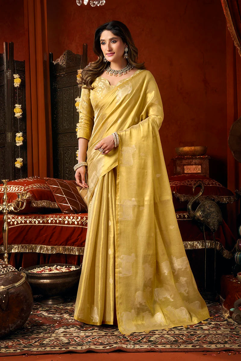 Yellow Tissue Saree with Cow Motif Pallu, front
