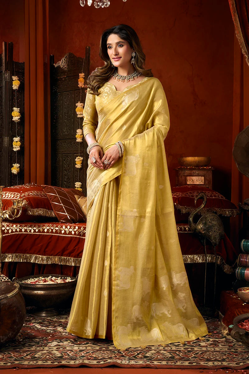 Yellow Tissue Saree with Cow Motif Pallu, side