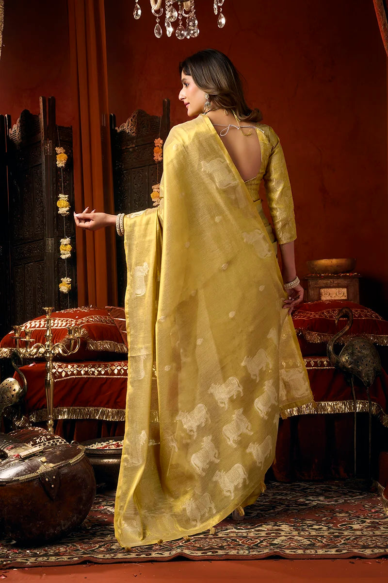 Yellow Tissue Saree with Cow Motif Pallu, back