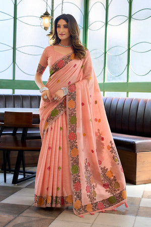 Peach Linen Saree with Floral Vine Border