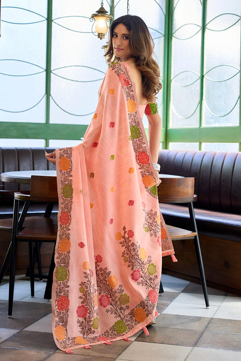 Peach Linen Saree with Floral Vine Border, back