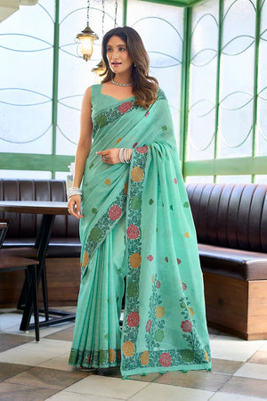 Turquoise Linen Saree with Floral Vine Border