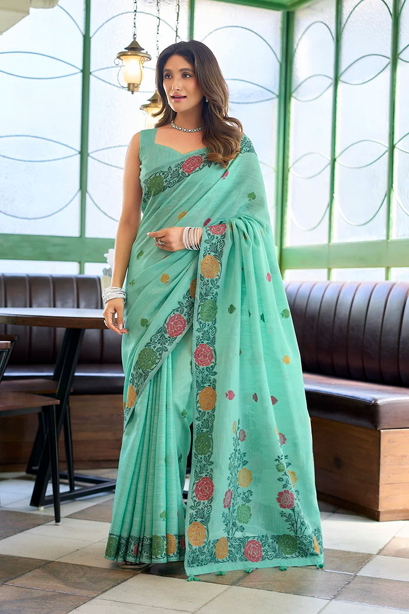 Turquoise Linen Saree with Floral Vine Border, front