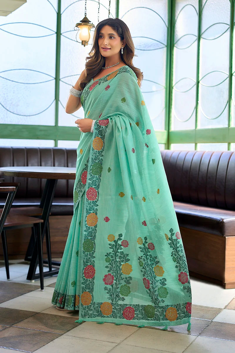 Turquoise Linen Saree with Floral Vine Border, side