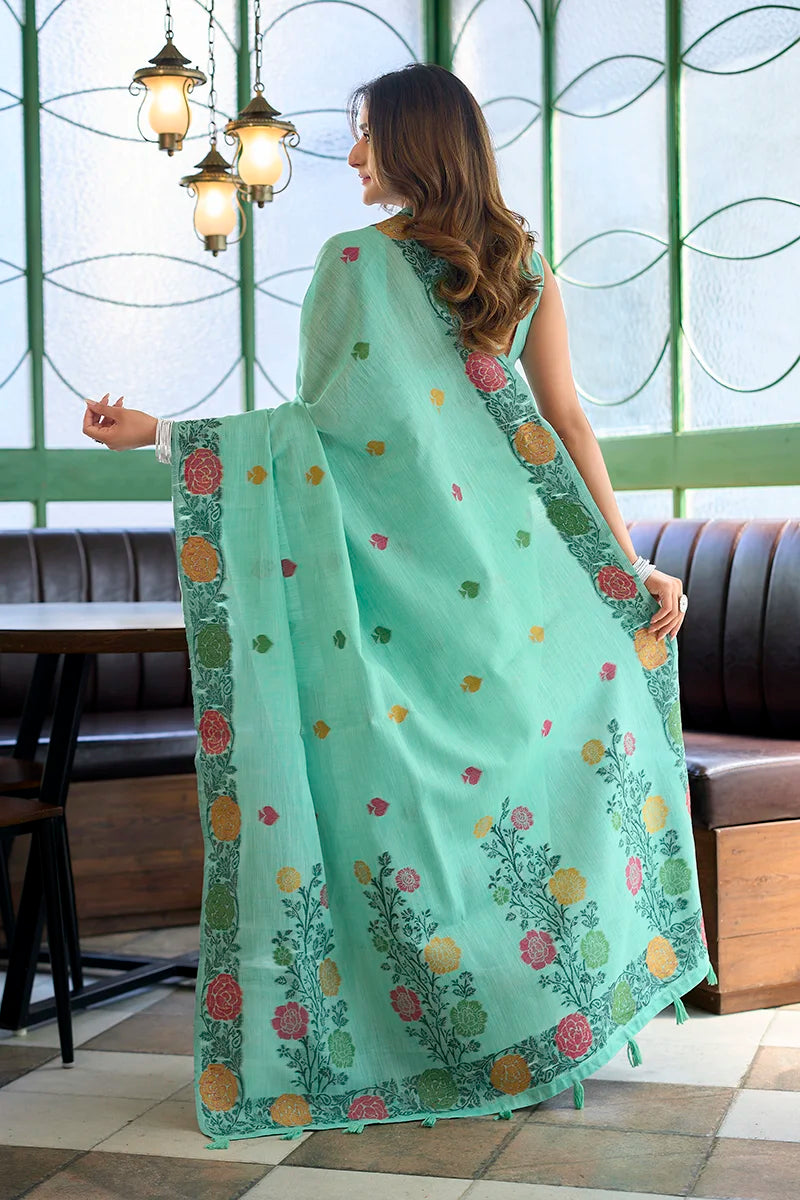 Turquoise Linen Saree with Floral Vine Border, back