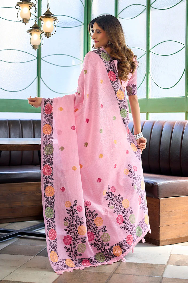 Pink Linen Saree with Floral Vine Border, back