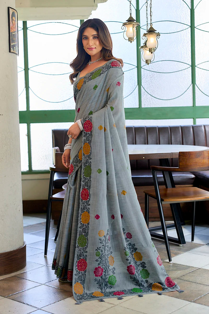 Gray Linen Saree with Floral Vine Border, side