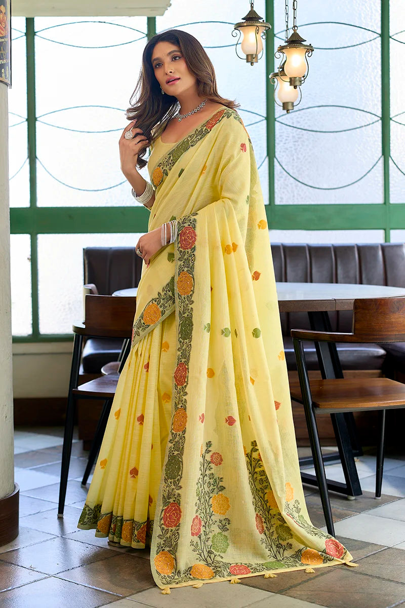 Yellow Linen Saree with Floral Vine Border, side