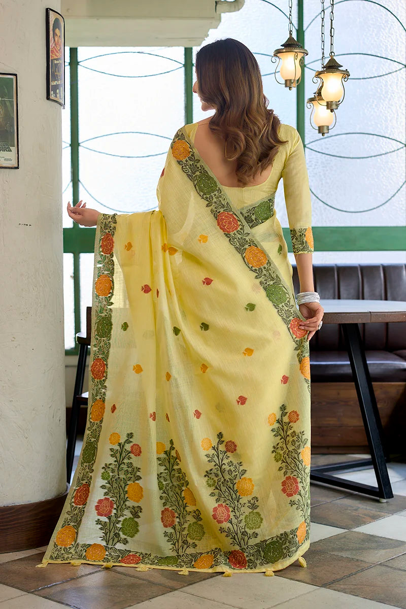 Yellow Linen Saree with Floral Vine Border, back