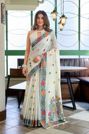 Off White Linen Saree with Floral Vine Border