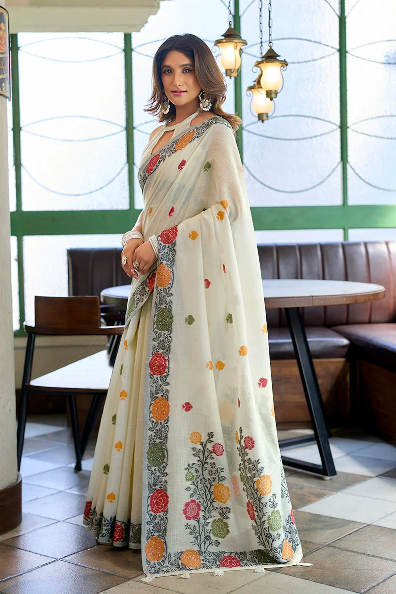Off White Linen Saree with Floral Vine Border, side