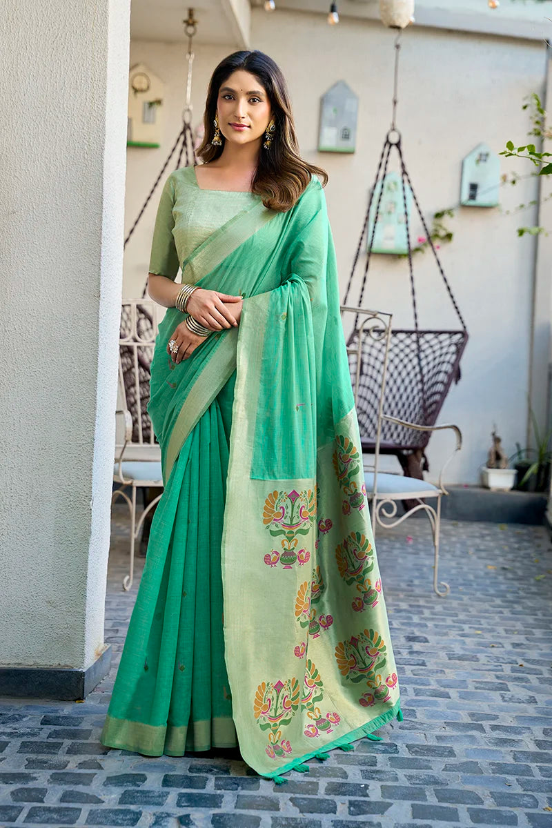 Sea Green Paithani-Style Cotton Blend Saree with Peacock Pallu, front