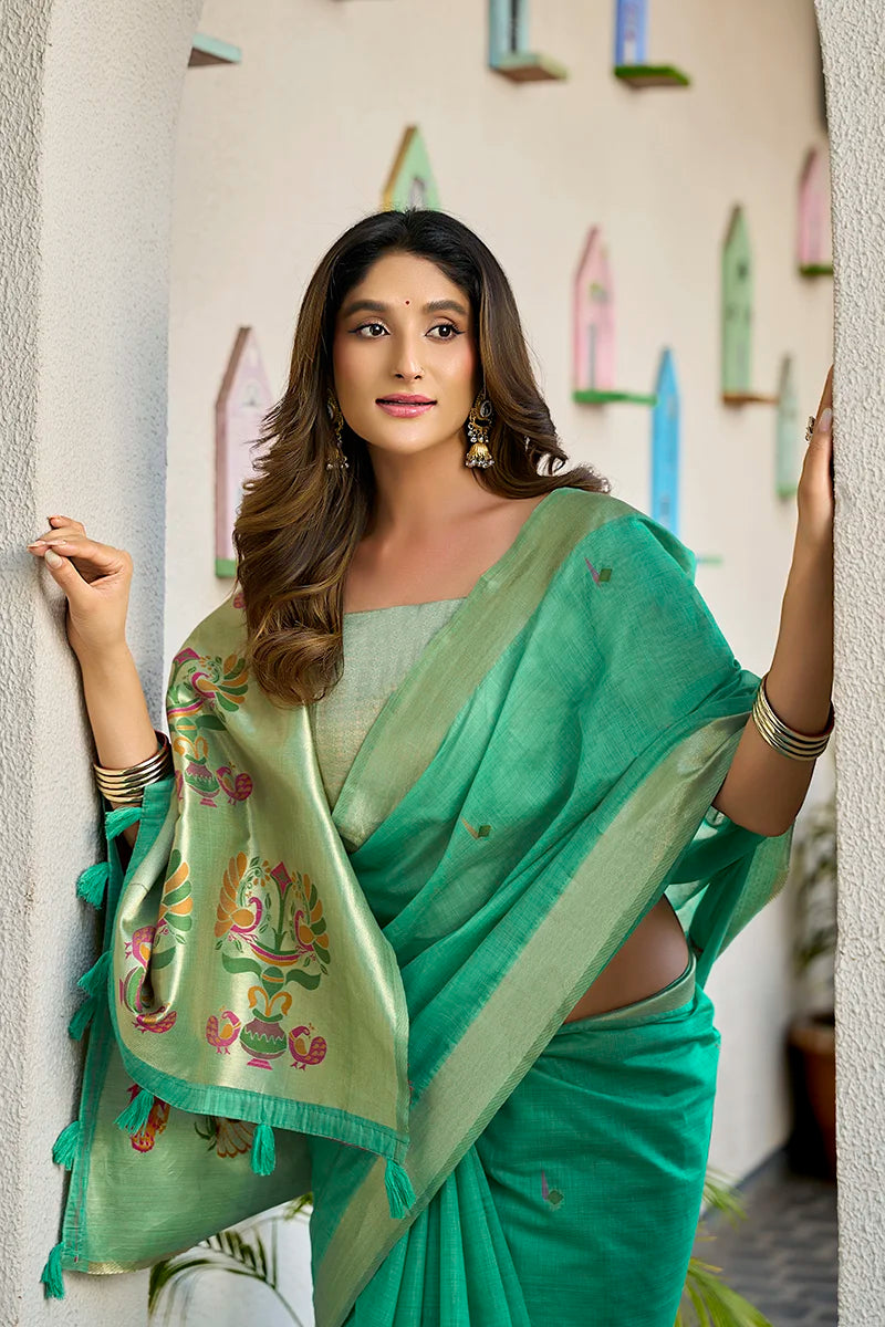 Sea Green Paithani-Style Cotton Blend Saree with Peacock Pallu, pallu detail