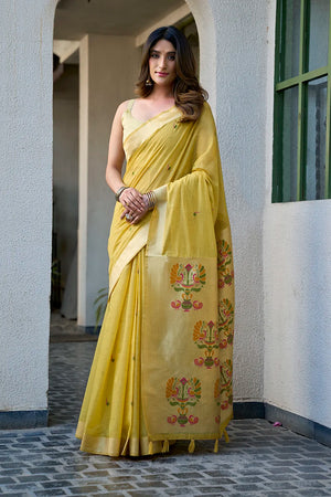 Yellow Paithani-Style Cotton Blend Saree with Peacock Pallu