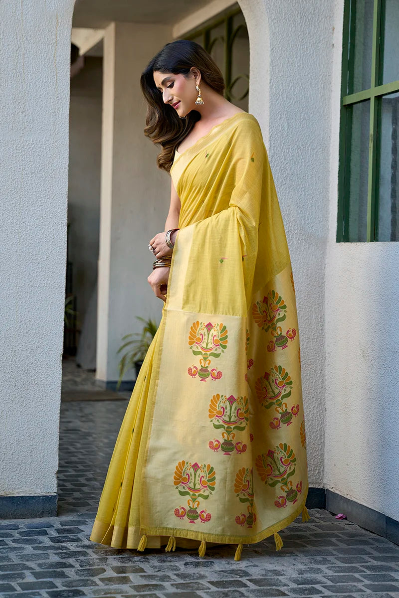 Yellow Paithani-Style Cotton Blend Saree with Peacock Pallu, side