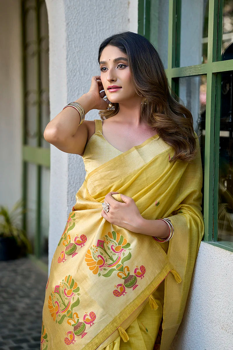 Yellow Paithani-Style Cotton Blend Saree with Peacock Pallu, blouse and pallu close-up