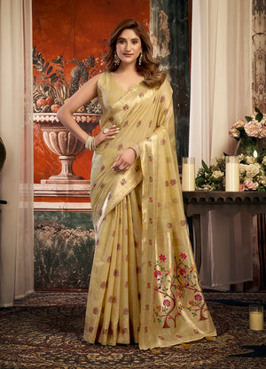 Beige Paithani-Style Silk Blend Saree with Meenakari Buti