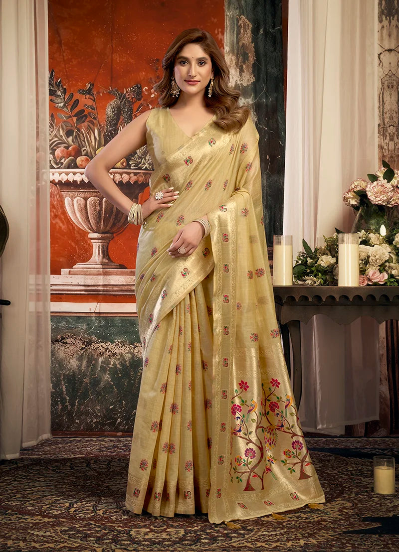 Beige Paithani-Style Silk Blend Saree with Meenakari Buti, front