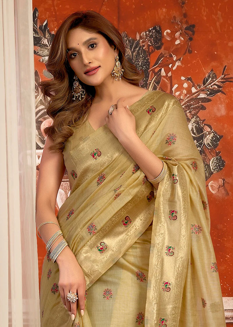 Beige Paithani-Style Silk Blend Saree with Meenakari Buti, blouse and pallu close-up