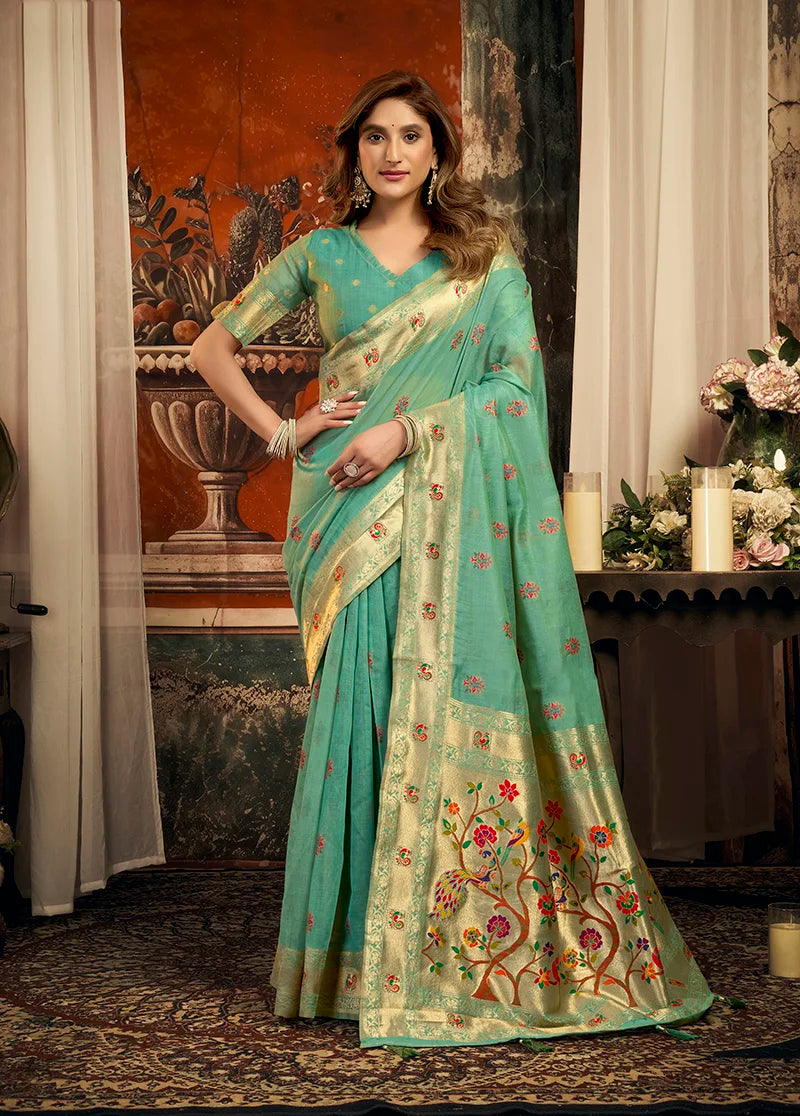 Turquoise Paithani-Style Silk Blend Saree with Meenakari Buti, front