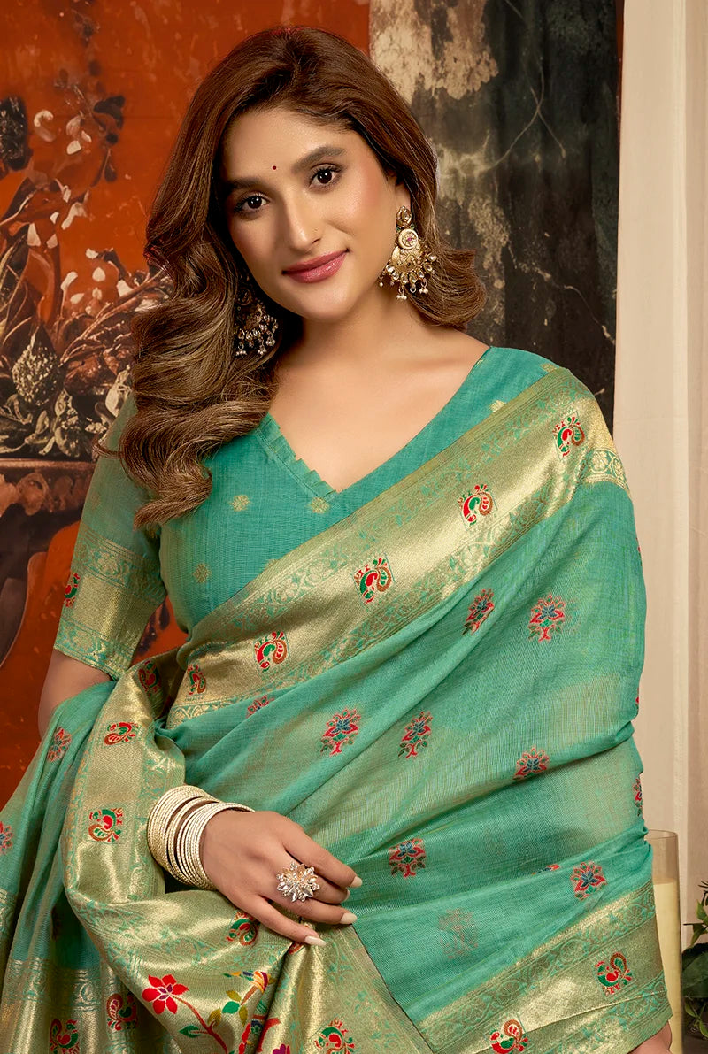 Turquoise Paithani-Style Silk Blend Saree with Meenakari Buti, blouse and pallu close-up