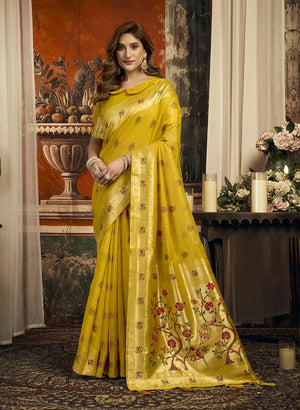Mustard Paithani-Style Silk Blend Saree with Meenakari Buti