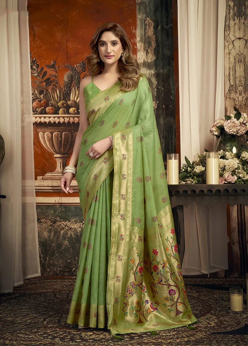 Light Green Paithani-Style Silk Blend Saree with Meenakari Buti, front