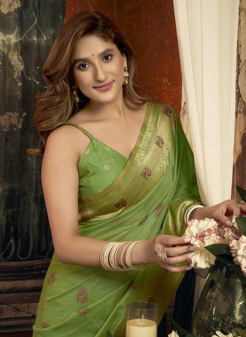 Light Green Paithani-Style Silk Blend Saree with Meenakari Buti, blouse and pallu close-up